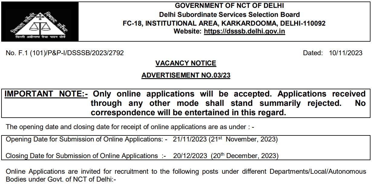 Delhi DSSSB Various Post Recruitment 2023